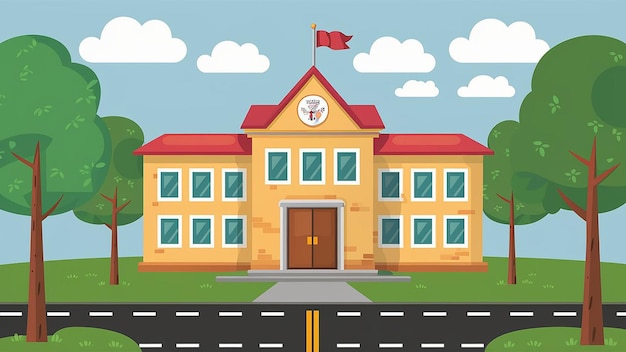 a cartoon of a school building with the flag on the front