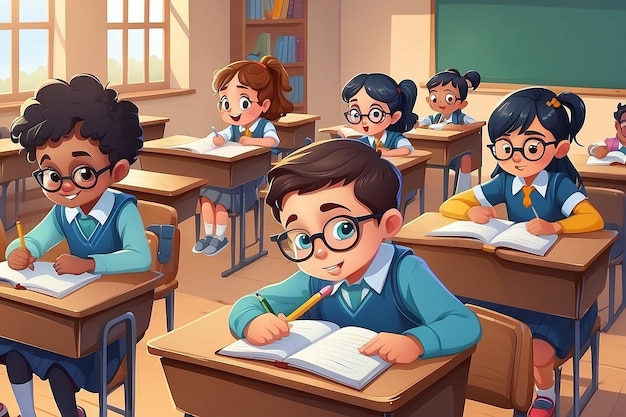 Cartoon school kids studying in the classroom