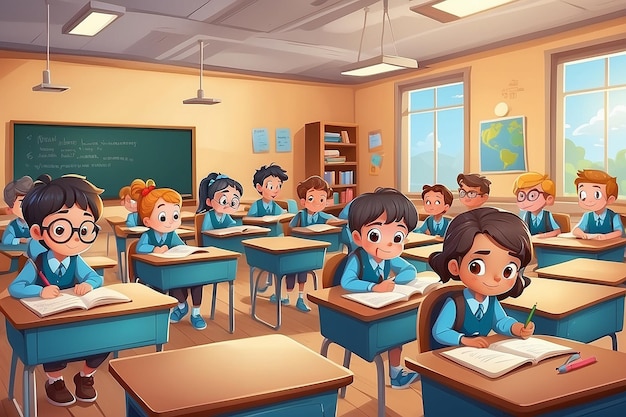 Cartoon school kinderen leren in de klas