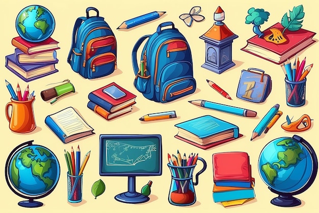 Photo cartoon school objects set for education concept design