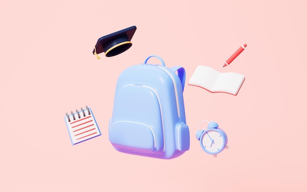 Cartoon schoolbag and graduate cap on the pink background 3d rendering