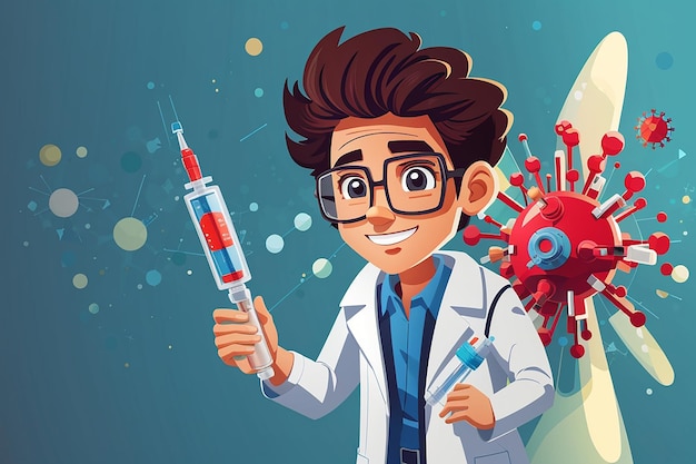 Cartoon scientific holding a syringe over virus