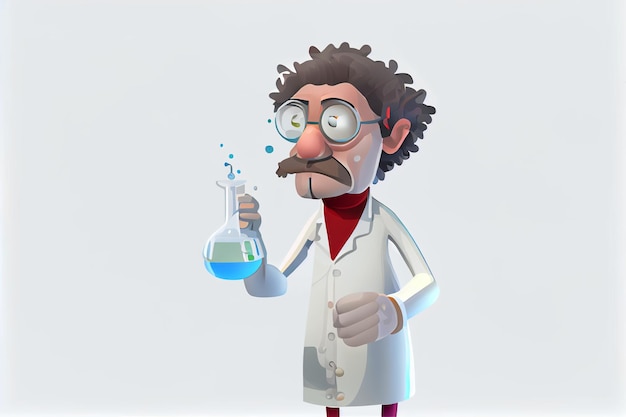 A cartoon scientist holding a test tube with a blue liquid in it.