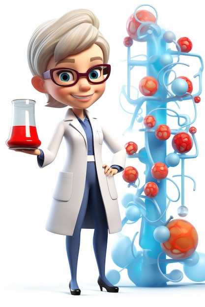 A cartoon scientist is holding a red flask with a blue and red molecule model next to her