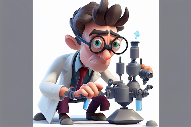 A cartoon scientist looks at a microscope.