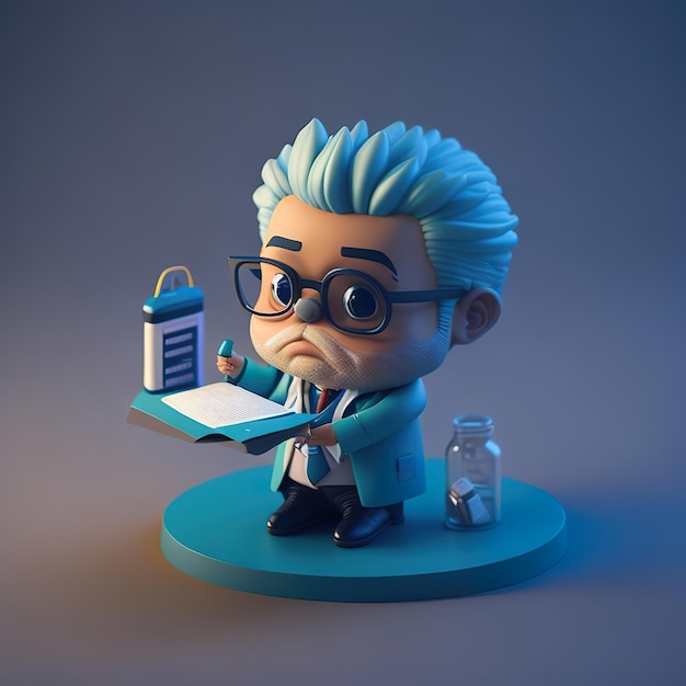A cartoon of a scientist with a blue bottle in his hand.