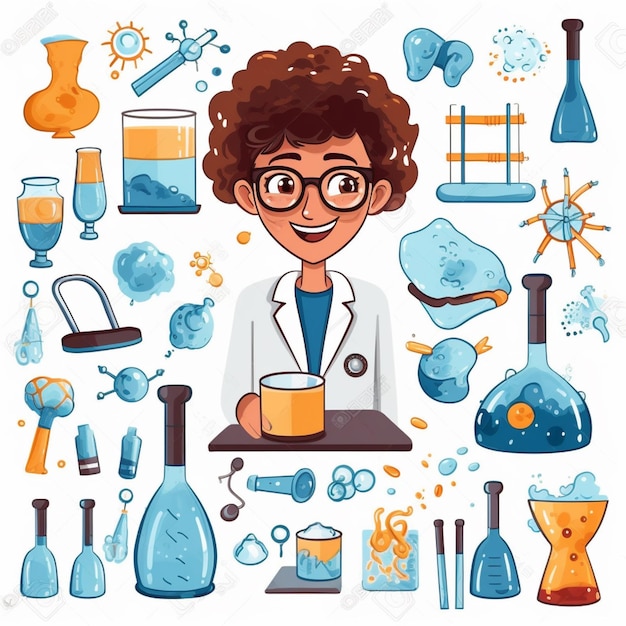 a cartoon scientist with a lot of science related items generative ai