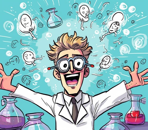 Photo cartoon scientist with many beaks and flasks in front of him generative ai