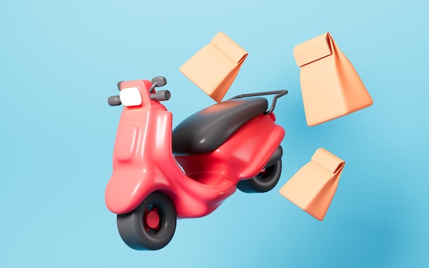 Cartoon scooter and takeout mobile takeout online order 3d rendering 3d illustration