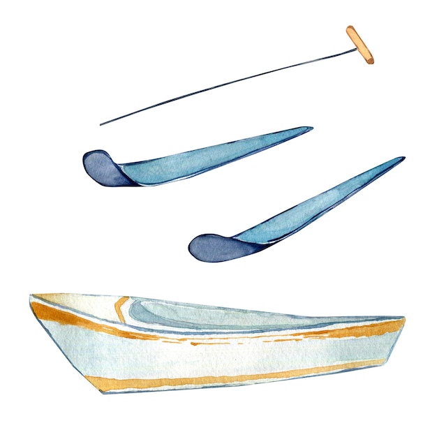 Мультфильм морская лодка и водные лыжи акварельные иллюстрации, изолированные на белом фоне