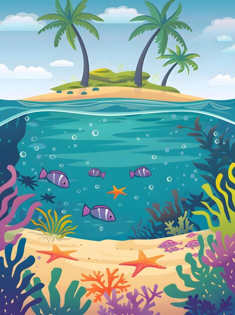 Cartoon sea landscape with coral reef fish and starfish