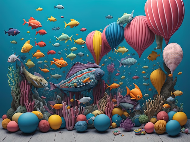 cartoon sea and ocean scene with different colorful objects illustration for children