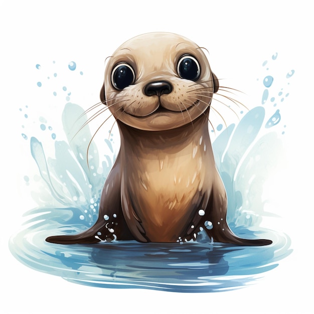Cartoon sea otter sitting in the water with a big smile generative ai