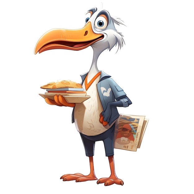 A cartoon of a seagull holding a plate of food.