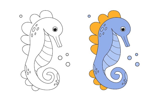 Photo cartoon seahorse coloring book page with colorful template cute colorig book