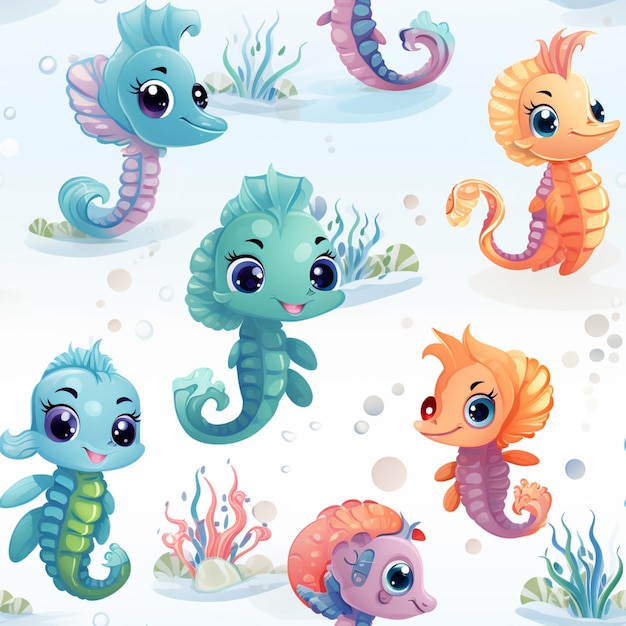 Cartoon seahorses and seahorses in the ocean with bubbles generative ai