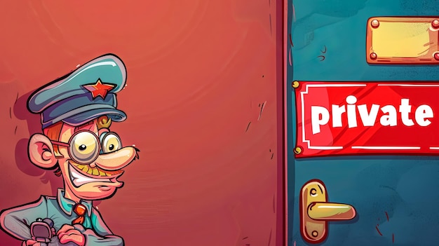 Cartoon security guard by private door sign