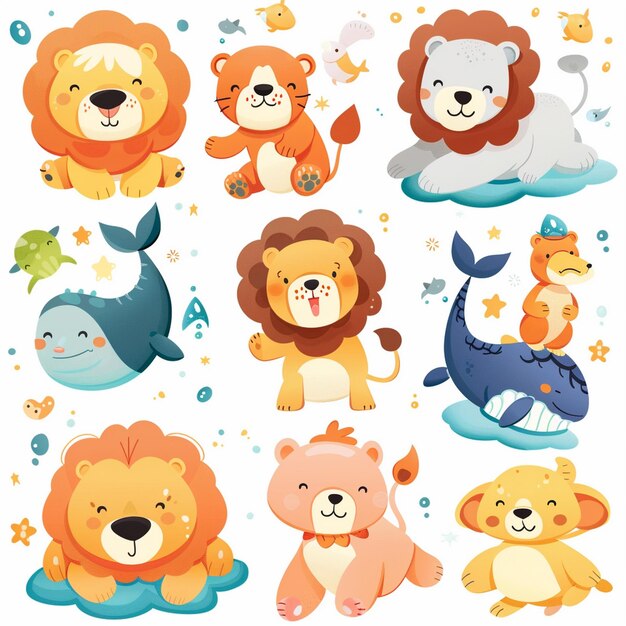 Photo a cartoon set of animals including a lion lion lion and a lion