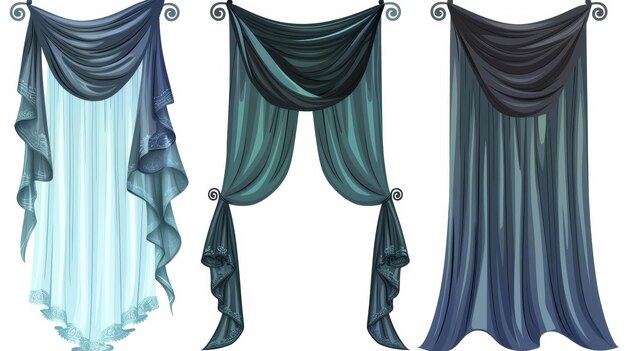 A cartoon set of color curtains isolated on a white background The colors are blue black and green Contemporary classic elements of interior design for the modern house