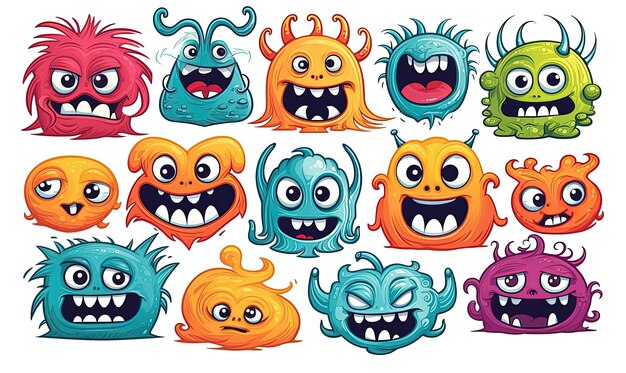 Photo cartoon set of colorful monster faces in the style of clever use of negative space