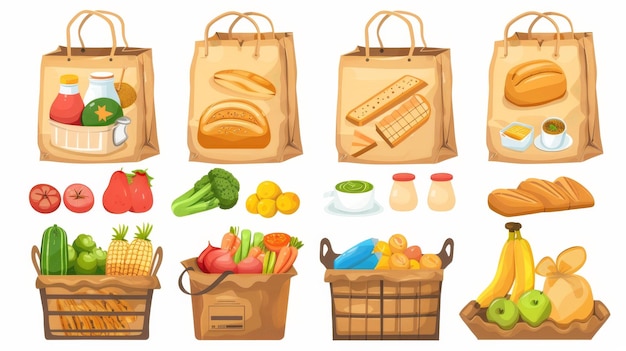 Foto set di cartoni animati di frutta, latte vegetale e sacchetti di pane consegna di prodotti dal mercato in imballaggi eco riutilizzabili
