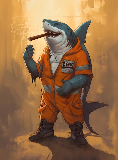 オレンジ色のジャケットを着たサメの漫画