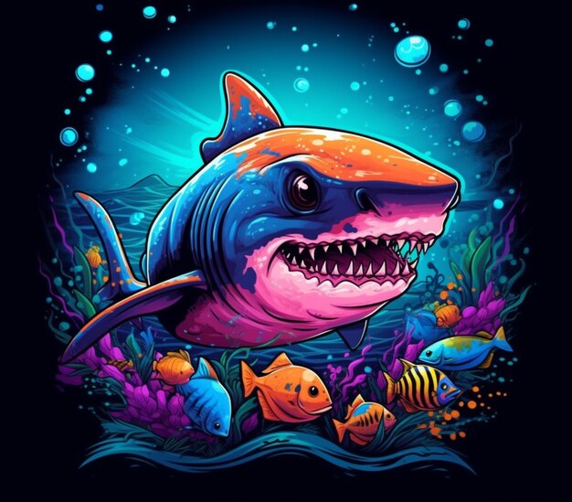 a cartoon shark with a big mouth and many fish swimming in the ocean generative ai