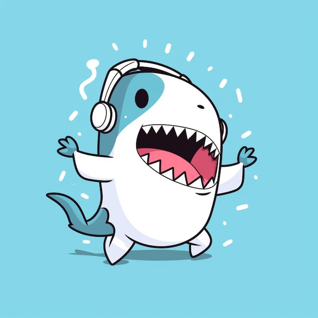 Photo cartoon shark with headphones on a blue background