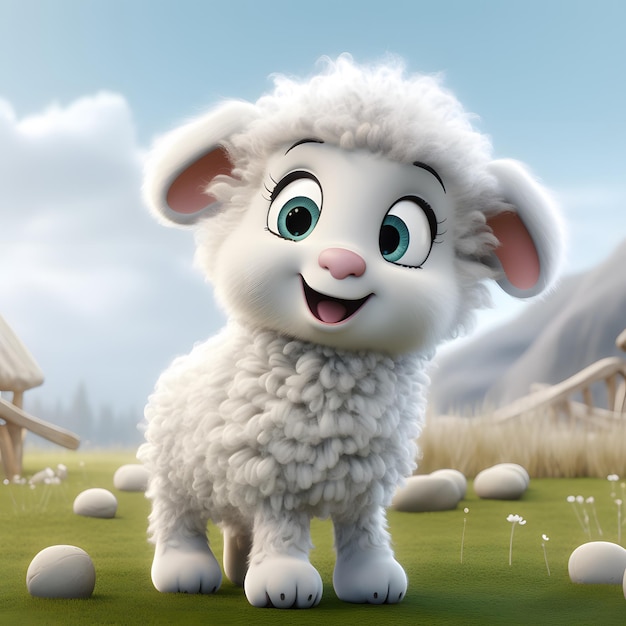 a cartoon sheep on a grassy field