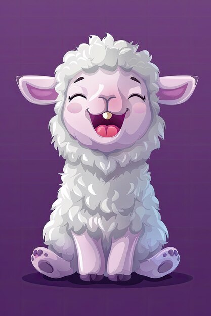 Карикатурная овца сидит на фиолетовом фоне с улыбкой на лице
