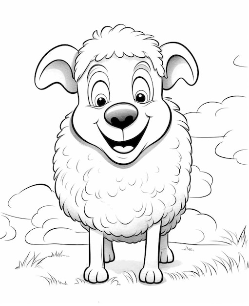 a cartoon sheep standing in a field with a sky background generative ai