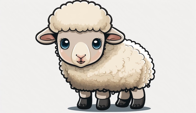 A cartoon sheep with blue eyes and a white wool coat.