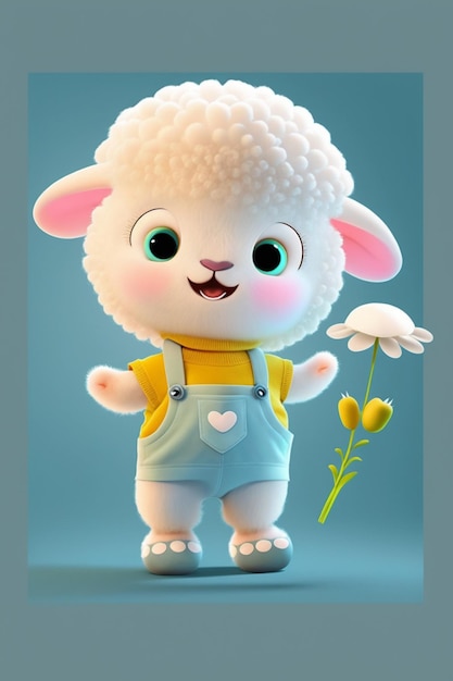 Cartoon sheep with a flower in its hand generative ai
