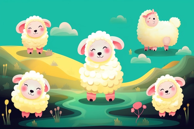 A cartoon of sheep with a green background and a blue background with the words " happy sheep ".