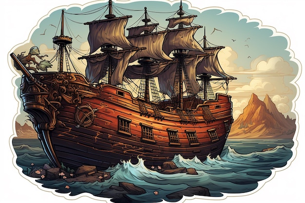 a cartoon of a ship with a mountain in the background