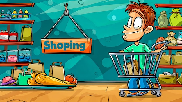 Cartoon shopping avontuur jongen met wagen