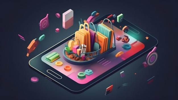 A cartoon of a shopping basket on a phone