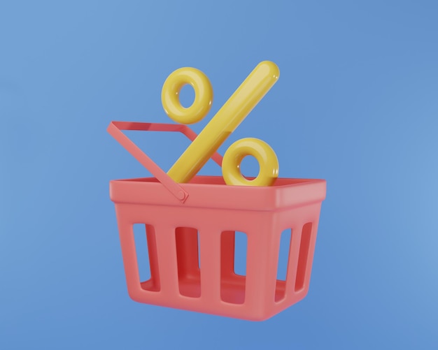 Photo cartoon shopping basket with percent sign. e-commerce and cash back concept.