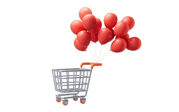 Photo cartoon shopping cart and balloons 3d rendering digital drawing