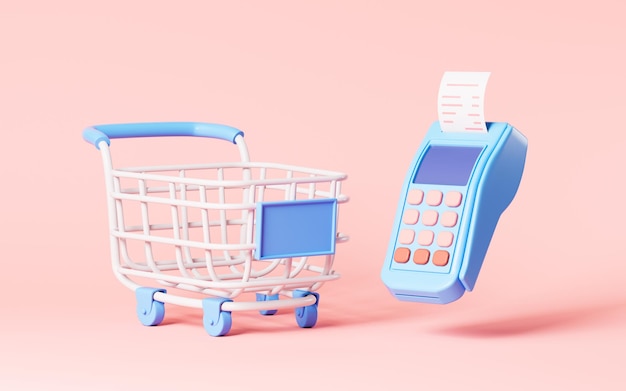 Cartoon shopping cart and pos terminal 3d rendering Digital drawing