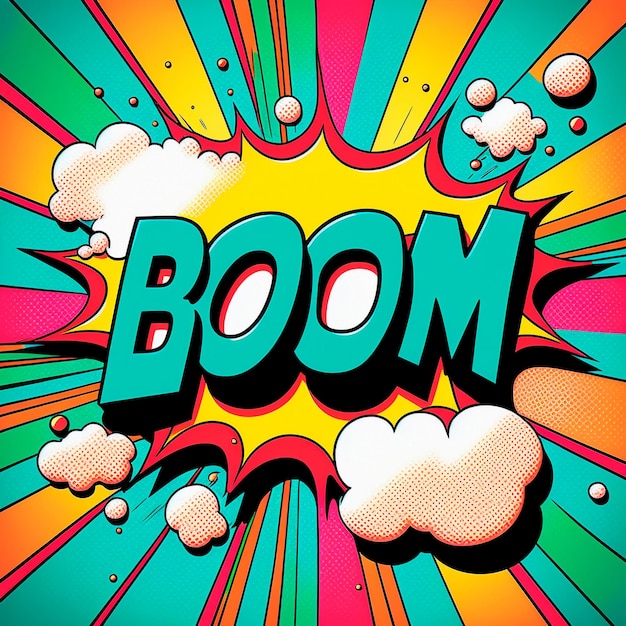 Photo cartoon sign of burst clouds with the word boom