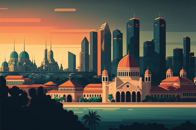 Мультяшный город Сингапур Цифровое искусство иллюстрация живопись Мультяшный стиль города Сингапур