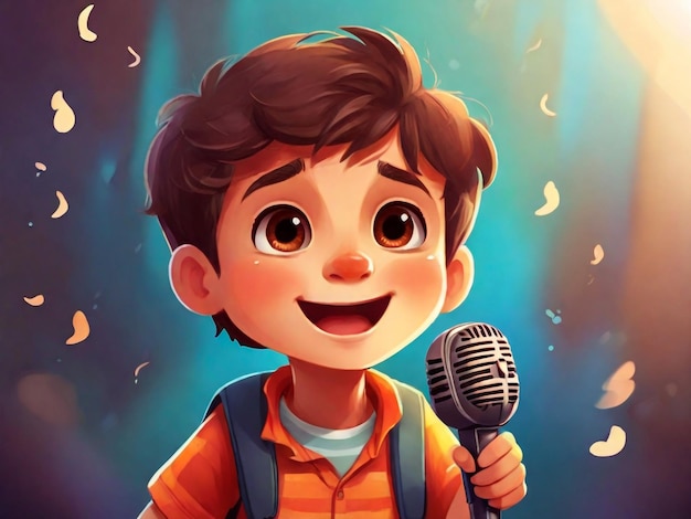 Cartoon singing happily while holding the mic