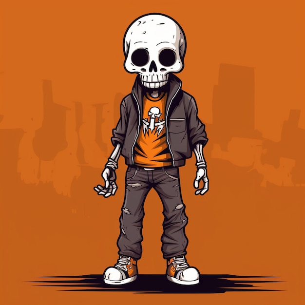 Foto cartoon skelet in een jas en spijkerbroek staande met een skateboard generatieve ai