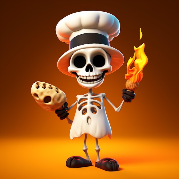 cartoon skeleton chef holding a flaming generative ai