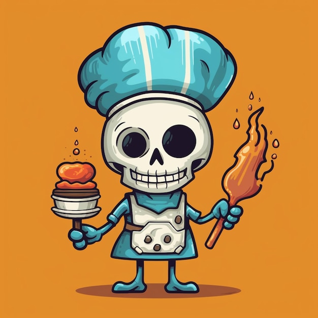 cartoon skeleton chef holding a hot dog and a spatula generative ai