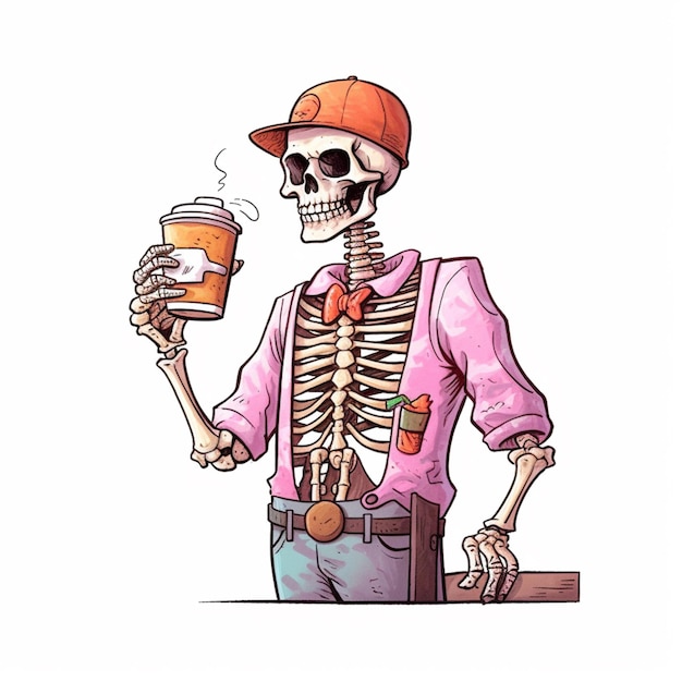 Photo cartoon skeleton drinking coffee and holding a cup of coffee generative ai