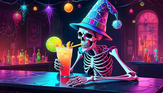 a cartoon of a skeleton drinking a glass of orange juice