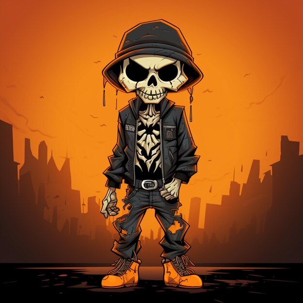 Cartoon skeleton in a hat and jacket with guns in his hands generative ai