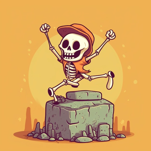 cartoon skeleton jumping on a rock with a hat on generative ai
